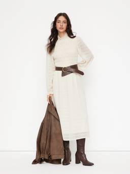 Cider - Textured Women's Stand Collar Shirred Lantern Sleeve Maxi Dress Beige