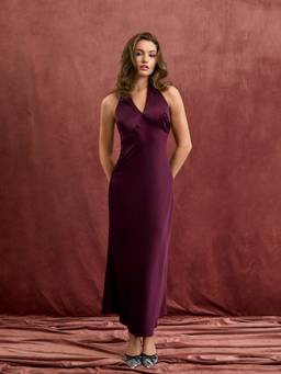 Cider - Satin Women's V-Neck Backless Bowknot Maxi Dress Berry