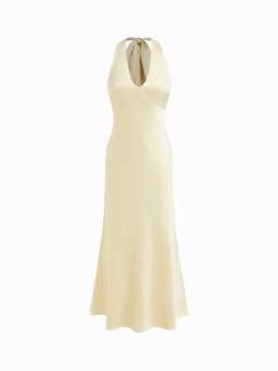 Cider - Satin Women's V-Neck Backless Bow Mermaid Maxi Dress Yellow