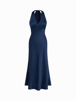 Cider - Satin Women's V-Neck Backless Bow Mermaid Maxi Dress Navy Blue