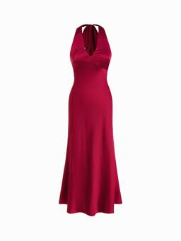 Cider - Satin Women's V-Neck Backless Bow Mermaid Maxi Dress Red