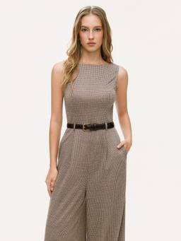 Cider - Houndstooth Women's Boat Neck Belted Wide-Leg Jumpsuit Khaki