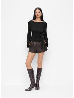 Cider - Textured Women's Ruched Side Knot Boat Neck Top Black
