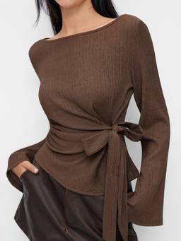 Cider - Textured Women's Side Knot Ruched Boat Neck Top Brown
