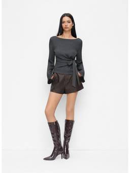Cider - Textured Women's Side Knot Ruched Boat Neck Top Dark Grey