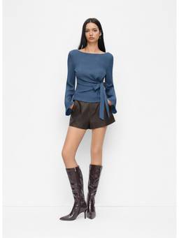 Cider - Textured Women's Boat Neck Side Knot Ruched Top Blue