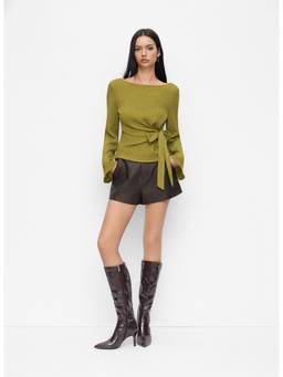 Cider - Textured Women's Side Knot Ruched Boat Neck Top Olive Green