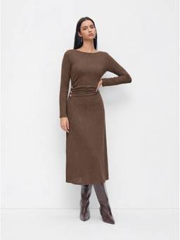 Cider - Metal Button Women's Ruched Boat Neck Midi Dress Brown
