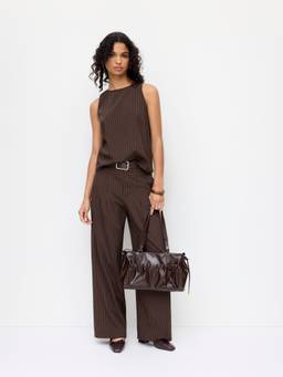 Cider - Striped Women's Sleeveless Belted Pant Set Coffee
