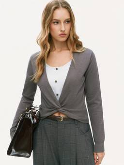 Cider - Knit Two Tone Women's Twist Front V-Neck Top Dark Grey