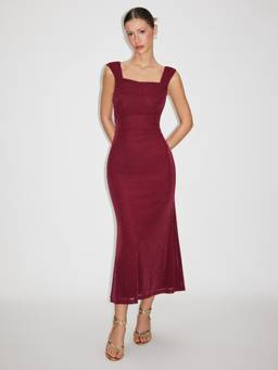 Cider - Ruched Shimmer Women's Square Neck Mermaid Maxi Dress Burgundy