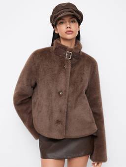 Cider - Faux Fur Women Stand Collar Buckle Detail Jacket Brown