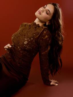 Cider - Lace Ripped Women Stand Collar Slim Fit Top Brown