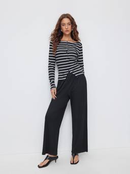 Cider - Striped Women's Boat Neck Split Top Wide Leg Pant Set Black