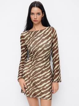Cider - Zebra Stripe Women's Boat Neck Bell Sleeve Mini Dress Brown