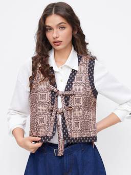 Cider - Cotton Women's Paisley Tie-Up V-Neck Waistcoat Pink