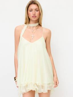 Cider - Sequin Women's Halter V-Neck Ruffled Hem Mini Dress Beige