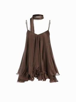 Cider - Sequin Women's Halter V-Neck Ruffled Hem Mini Dress Brown