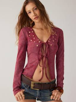Cider - Velvet Women's Slim Fit V-Neck Lace-Up Top Wine