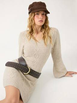 Cider - Cable Knit Women's V-Neck Belted Bodycon Mini Dress Champagne
