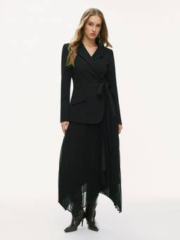 Cider - Notched Collar Women's Tie-Up Pleated Blazer Maxi Dress Black