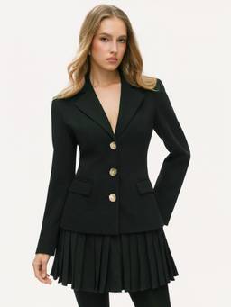 Cider - Pleated Women's Metal Button Notched Lapel Blazer Mini Dress Black