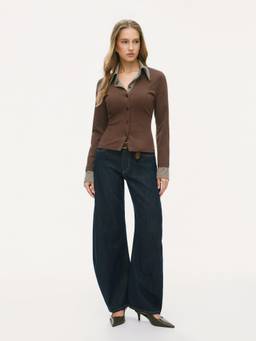 Cider - Two Tone Women's Houndstooth Collar Button-Down Shirt Brown