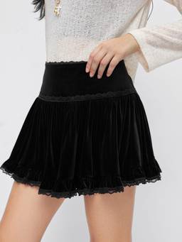 Cider - Velvet Lace Trim Women Mid-Rise Flared Mini Skort Black