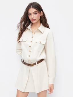 Cider - Cotton Blend Women Notched Collar Belted Shirt Mini Dress Beige