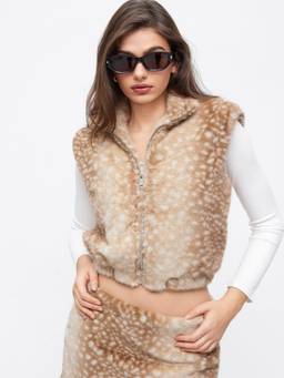 Cider - Deer Print Women's Faux Fur Funnel Neck Zip Vest Jacket Camel