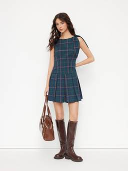 Cider - Plaid Women's Bowknot Boat Neck Pleated Mini Dress Green