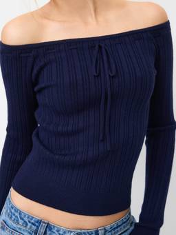 Cider - Knit Women's Off-Shoulder Drawstring Long Sleeve Top Navy Blue