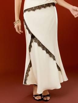Cider - Satin Lace Women's Mid-Rise Mermaid Maxi Skirt Beige