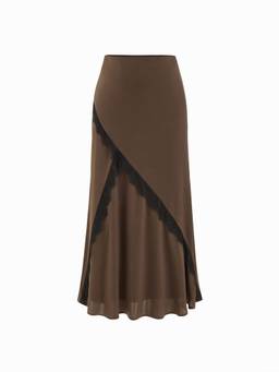 Cider - Satin Lace Women's Mid-Rise Mermaid Maxi Skirt Brown