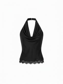 Cider - Satin Lace Trim Women Ruched Halter Neck Top Black