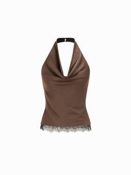 Cider - Satin Lace Trim Women Ruched Halter Neck Top Brown