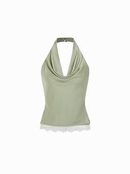 Cider - Satin Women's Halter Neck Lace Trim Ruched Top Pale Green