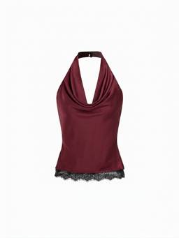 Cider - Satin Women's Halter Neck Lace Trim Ruched Top Wine