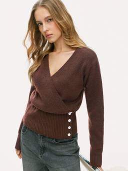 Cider - Knit Wrap Women's Side Button Regular Fit Cardigan Brown