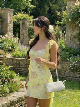 Cider - Lace Floral Women's Ruffle Sleeve A-Line Mini Dress Yellow
