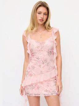 Cider - Lace Floral Women's Sweetheart Ruffle Sleeve A-Line Mini Dress Pink
