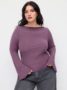 Cider - Striped Women’s Boat Neck Bell Sleeve Tee Purple