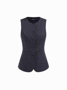 Cider - Striped Women Tie-Back Round Neck Blazer Vest Navy Blue