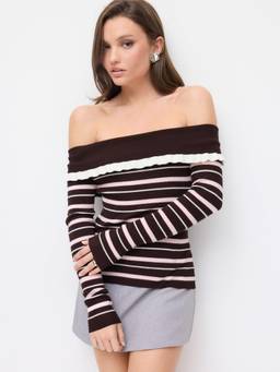 Cider - Knit Women's Off-Shoulder Striped Ruffled Top Brown