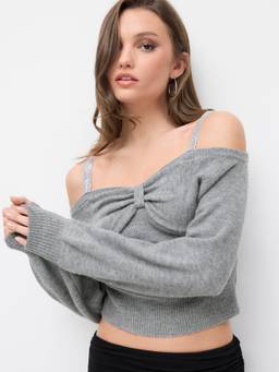 Cider - Knit Women's Off-Shoulder Bow Lantern Sleeve Crop Top Grey
