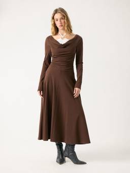 Cider - Cotton Blend Women's Cowl Neck Ruched Flared Maxi Dress Brown