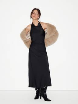 Cider - Satin Women's Cowl Neck Ruched Maxi Dress Black