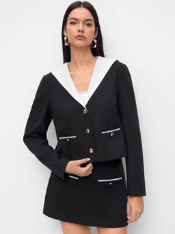 Cider - Metal Detail Women's Collared Regular Fit Blazer Black & White