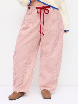 Cider - Cotton-Blend Women Mid-Rise Drawstring Barrel-Leg Trousers Red