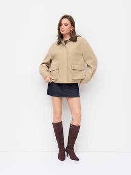 Cider - Wool-look Two Tone Women Oversized Collar Neck Jacket Mocha